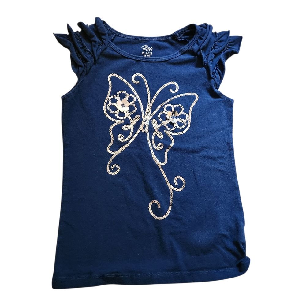 Est. 1989 Place Sequin Butterfly Ruffle Short Sleeve Shirt Size M 7/8 Blue